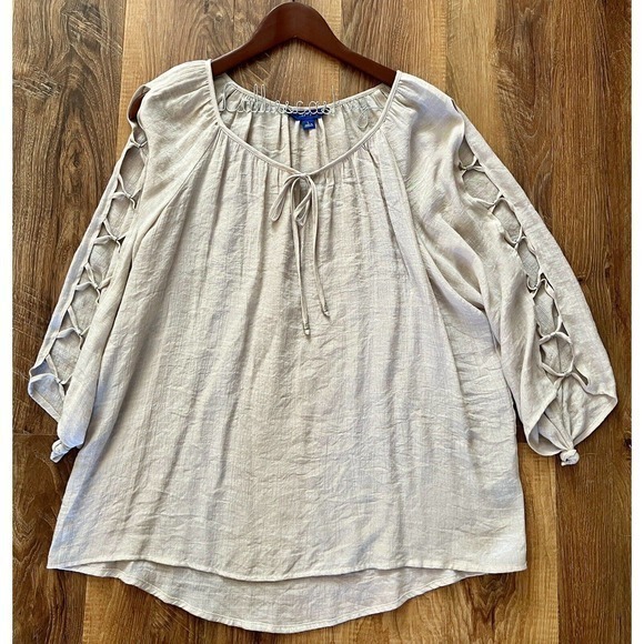 Apt 9 Women's sz L Top Sand Chevron Keyhole Long Sleeve Pullover Blouse EUC - Picture 2 of 10